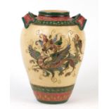 Large Italian pottery twin handled vase, incised and hand painted with dragons, 42cm high : For