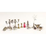 Silver plate including a pair of three branch candelabra, a sauce boat with swan handle by Silea and