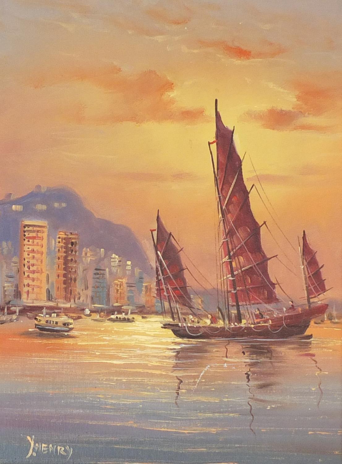 Y Henry - Chinese fishing boats, oil on canvas, framed, 40cm x 30cm : For Further Condition