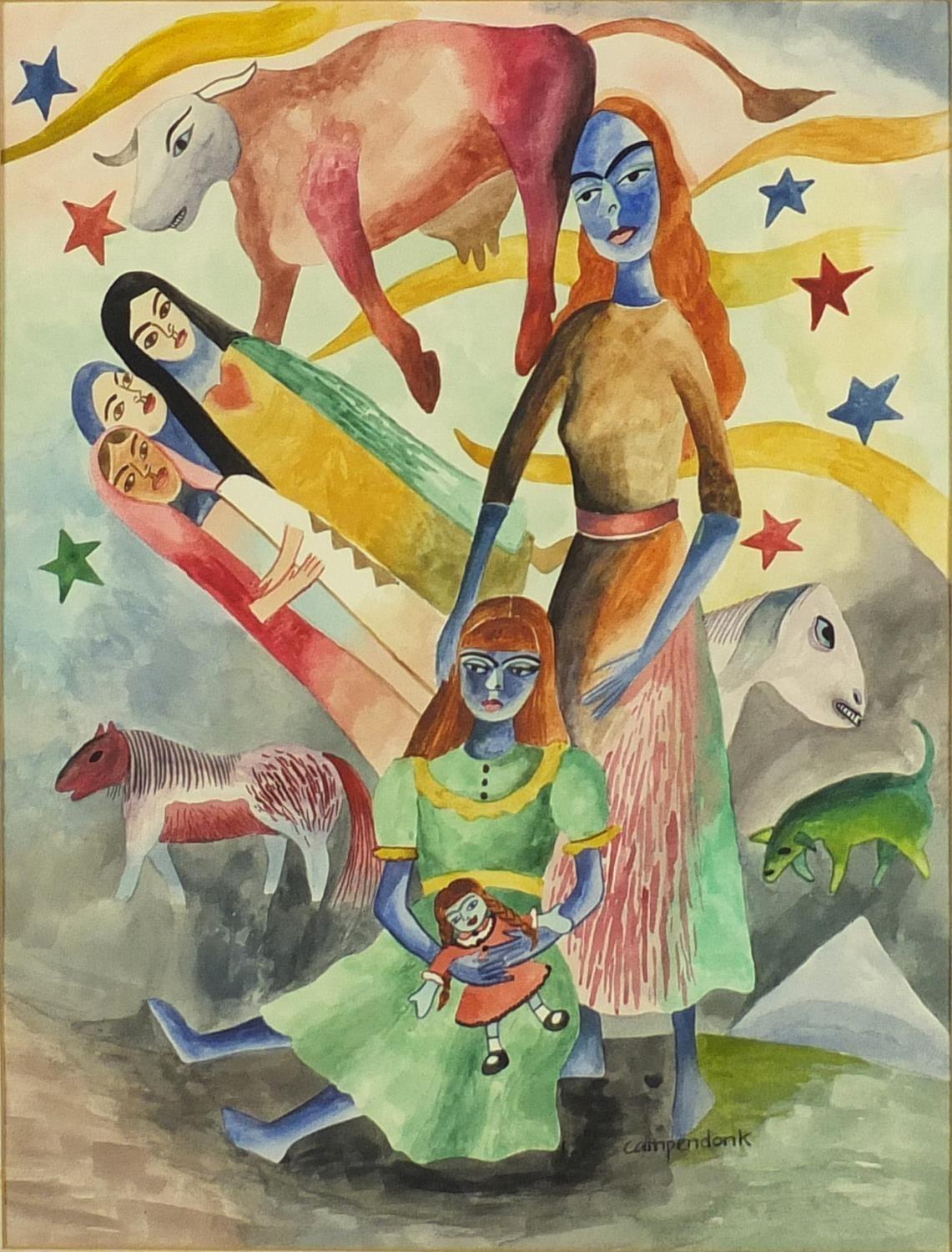 After Heinrich Campendonk - Figures and animals, German surrealist school watercolour, mounted and