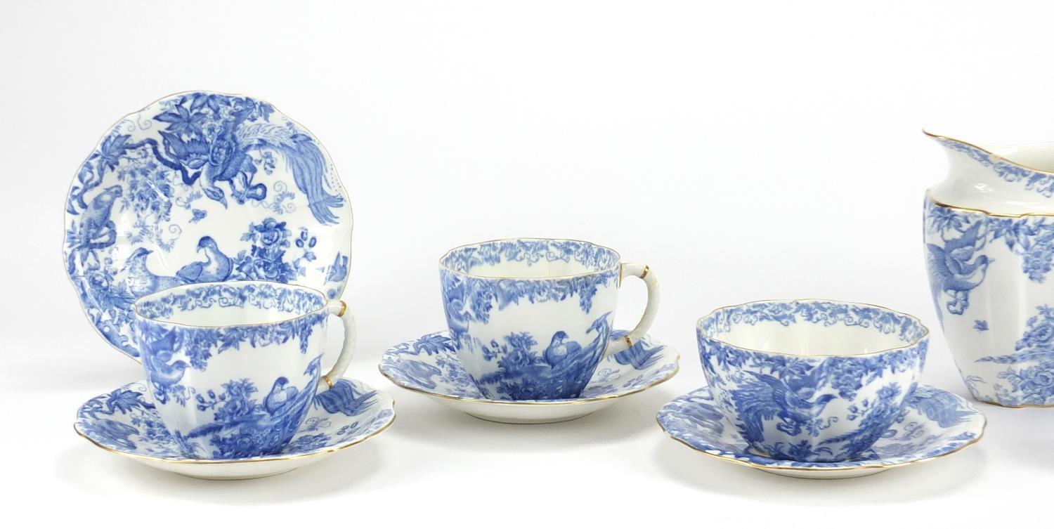 Royal Crown Derby blue and white porcelain tea service, decorated with birds of paradise, the teapot - Image 2 of 6