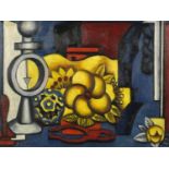 Abstract composition, still life, oil on board, bearing a signature F Leger, framed, 39.5cm x 30cm :