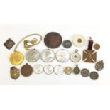 Commemorative coins and medallions and a silver enamel sports jewel : For Further Condition