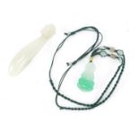 Chinese carved jade belt hook and a Buddha necklace, the belt hook 8cm in length : For Further