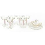 Glassware including a cabaret service, gilded with flowers and six glasses with air twist stems, the