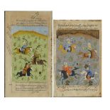 Two similar Indian Mughal school book leaves, hand painted with hunting scenes, mounted and