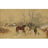 19th century watercolour, figures and horses before a snowy landscape, bearing a signature May