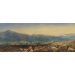 Figure walking his dog in an extensive landscape, watercolour, mounted and framed, 74cm x 29cm : For