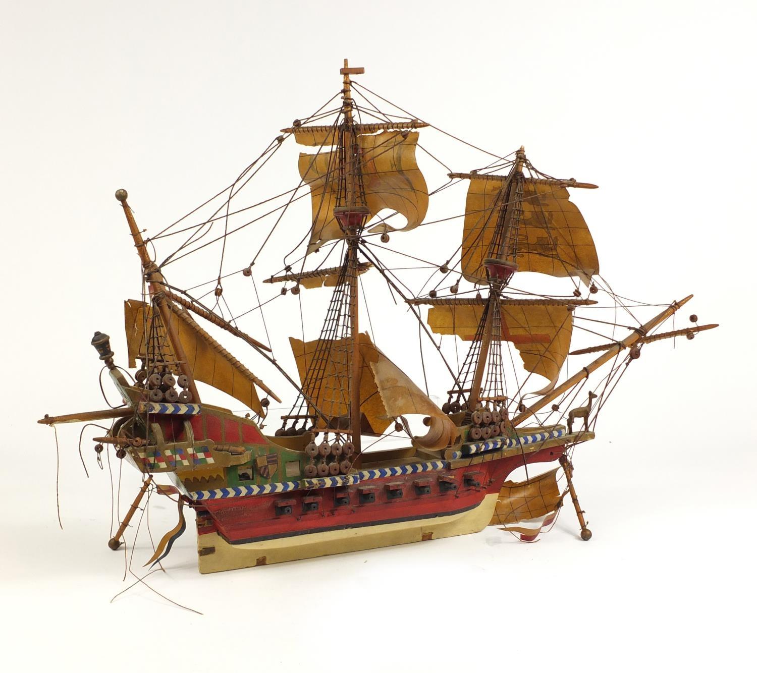 Hand painted wooden rigged sailing ship, 80cm in length : For Further Condition Reports Please visit - Image 3 of 3