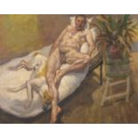 Nude male with his dog, impressionist oil on board, framed, 36.5cm x 29.5cm : For Further