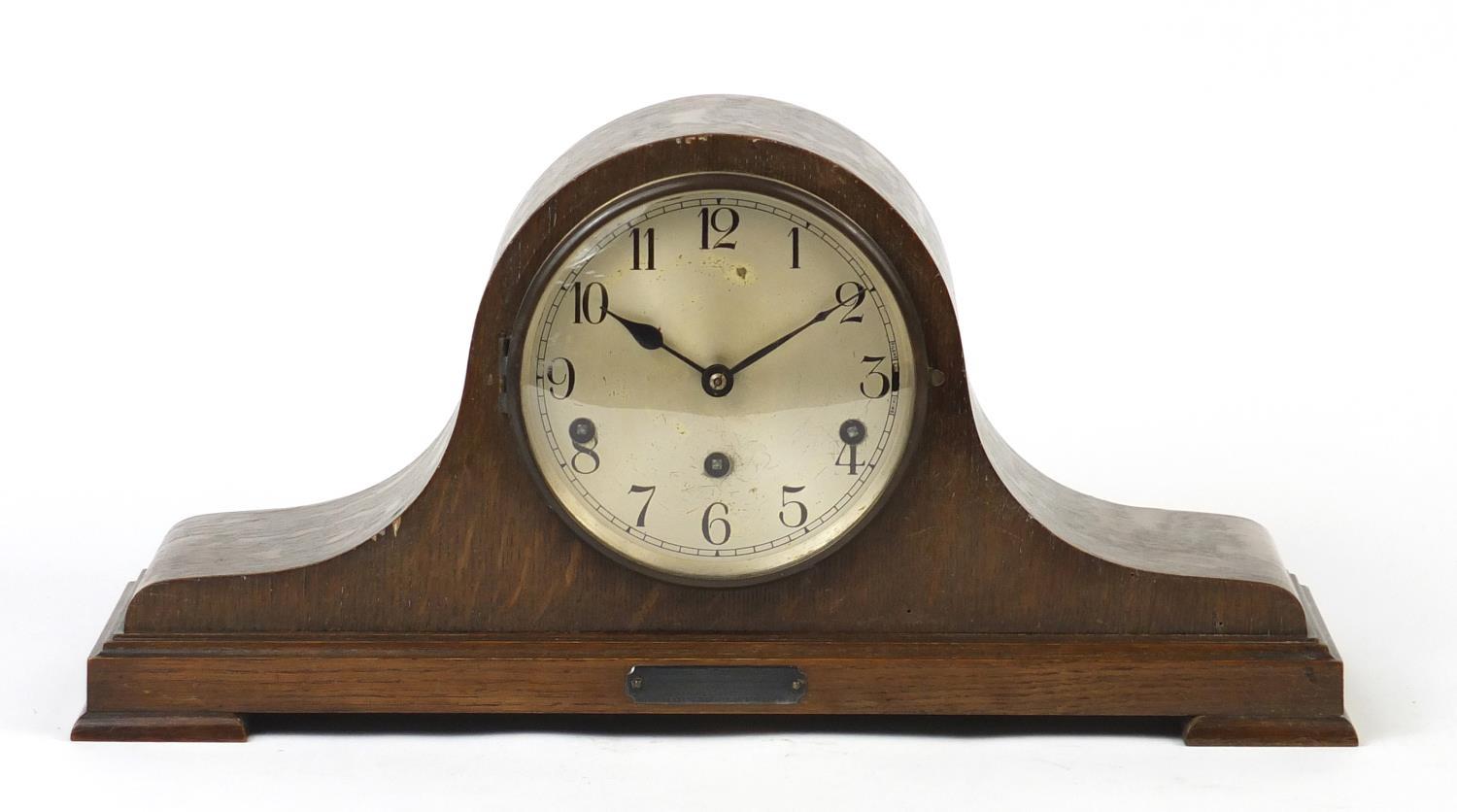 Oak cased Napoleon hat shaped mantel clock, with Westminster chime, 50cm wide : For Further