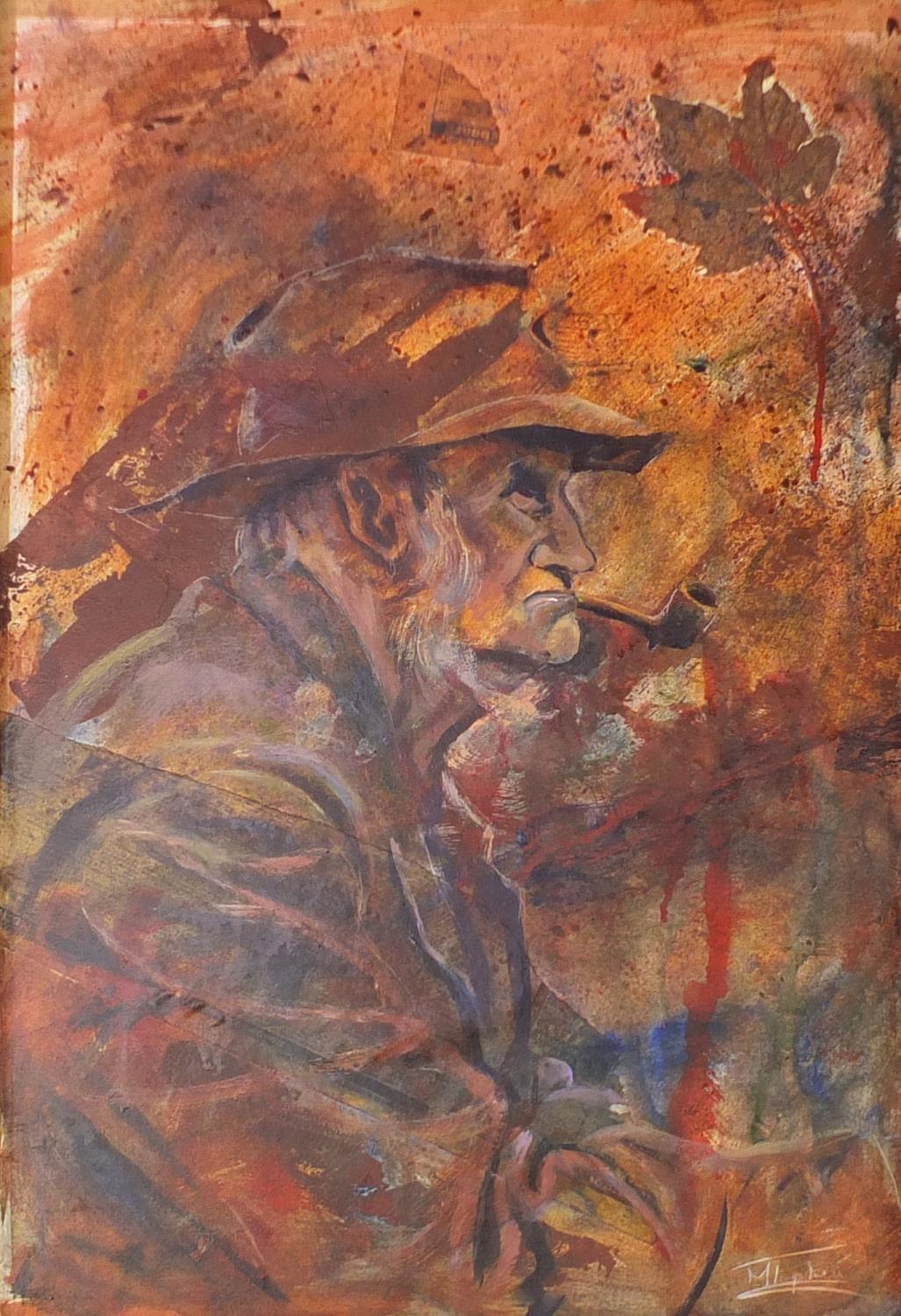 M Topham - Fisherman smoking a pipe, mixed media and collage on board, framed, 69cm x 46cm : For