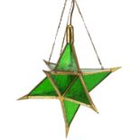 Green glass and brass star design light fitting, 45cm high : For Further Condition Reports Please