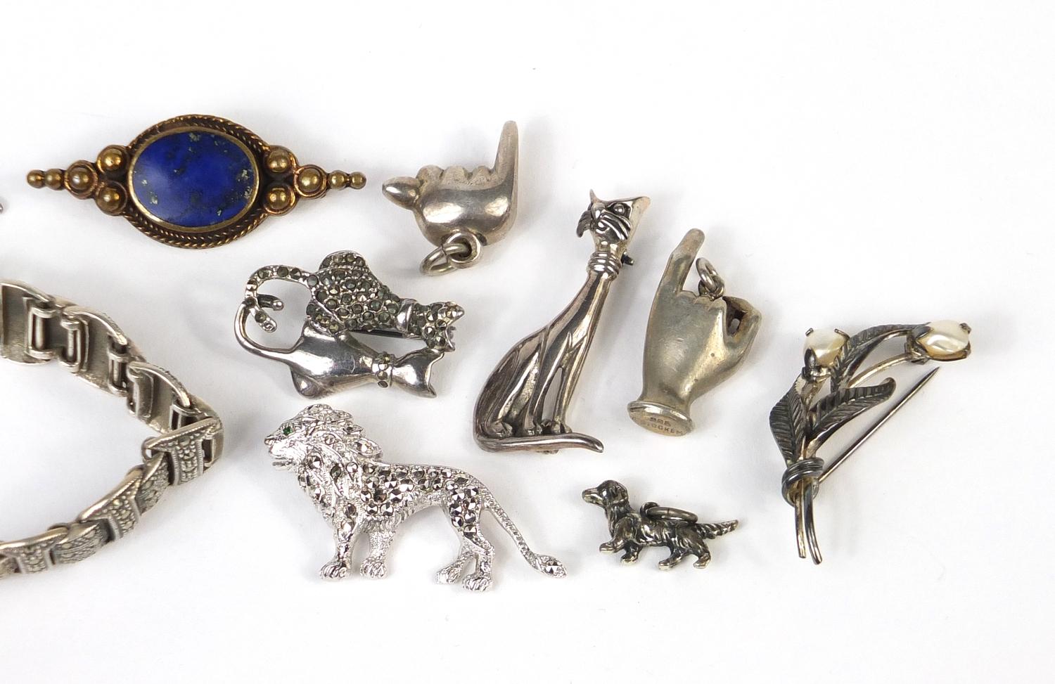 Mostly silver jewellery including animal brooches and a marcasite bracelet, 100.2g : For Further - Image 3 of 5