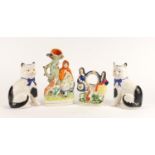 Staffordshire flat back figure group, watch stand and two Staffordshire style cats, the largest 25cm