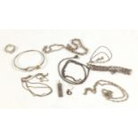 Silver and white metal jewellery including necklaces, bracelets and an ingot pendant, 83.0g : For