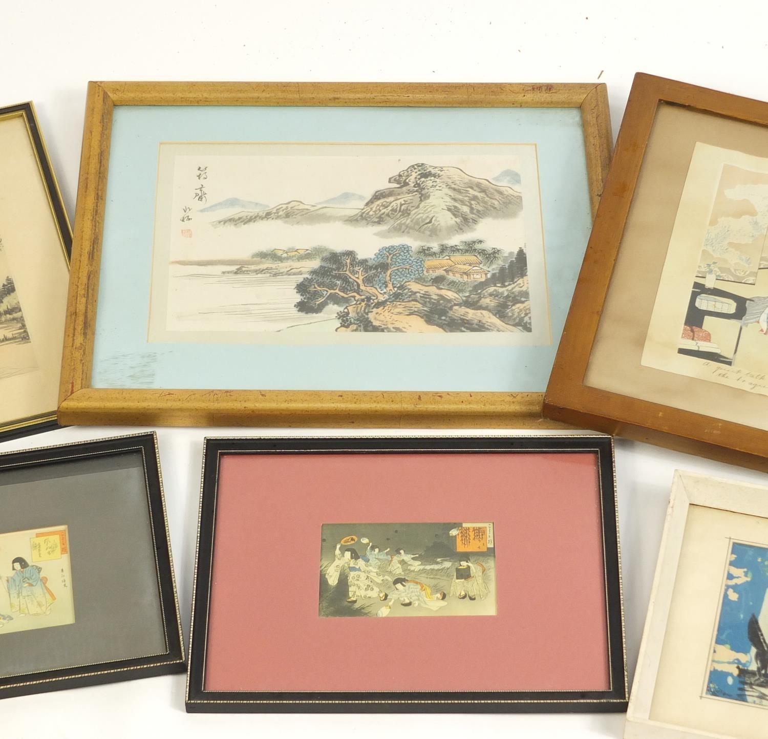 Six Japanese pictures and prints including landscapes, figures at a table and children playing, each - Image 2 of 5