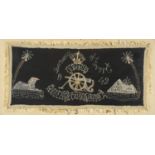 British Military embroidered panel depicting The Royal Engineers Ubique motif, framed, 66cm x 30cm :