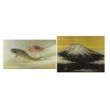 Two Japanese enamelled silver coloured metal plaques depicting Mount Fuji and Koi Carp, each mounted