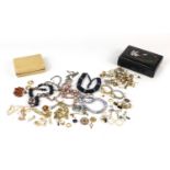 Costume jewellery including brooches, necklaces and earrings, housed in two jewellery boxes : For