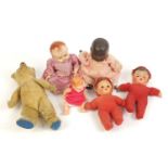 Vintage dolls and a golden straw filled teddy bear with jointed limbs : For Further Condition