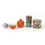 Chinese porcelain including a cylindrical brush pot, a crackle glazed jardinière planter and rice