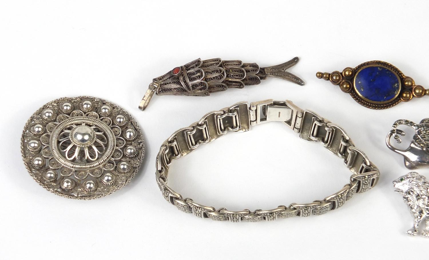 Mostly silver jewellery including animal brooches and a marcasite bracelet, 100.2g : For Further - Image 2 of 5