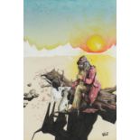 Paul Davies '72 - Man with two dogs, heightened watercolour, framed, 80cm x 53cm : For Further