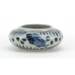 Chinese blue and white crackle glazed squatted brush washer hand painted with fish, 13cm in diameter