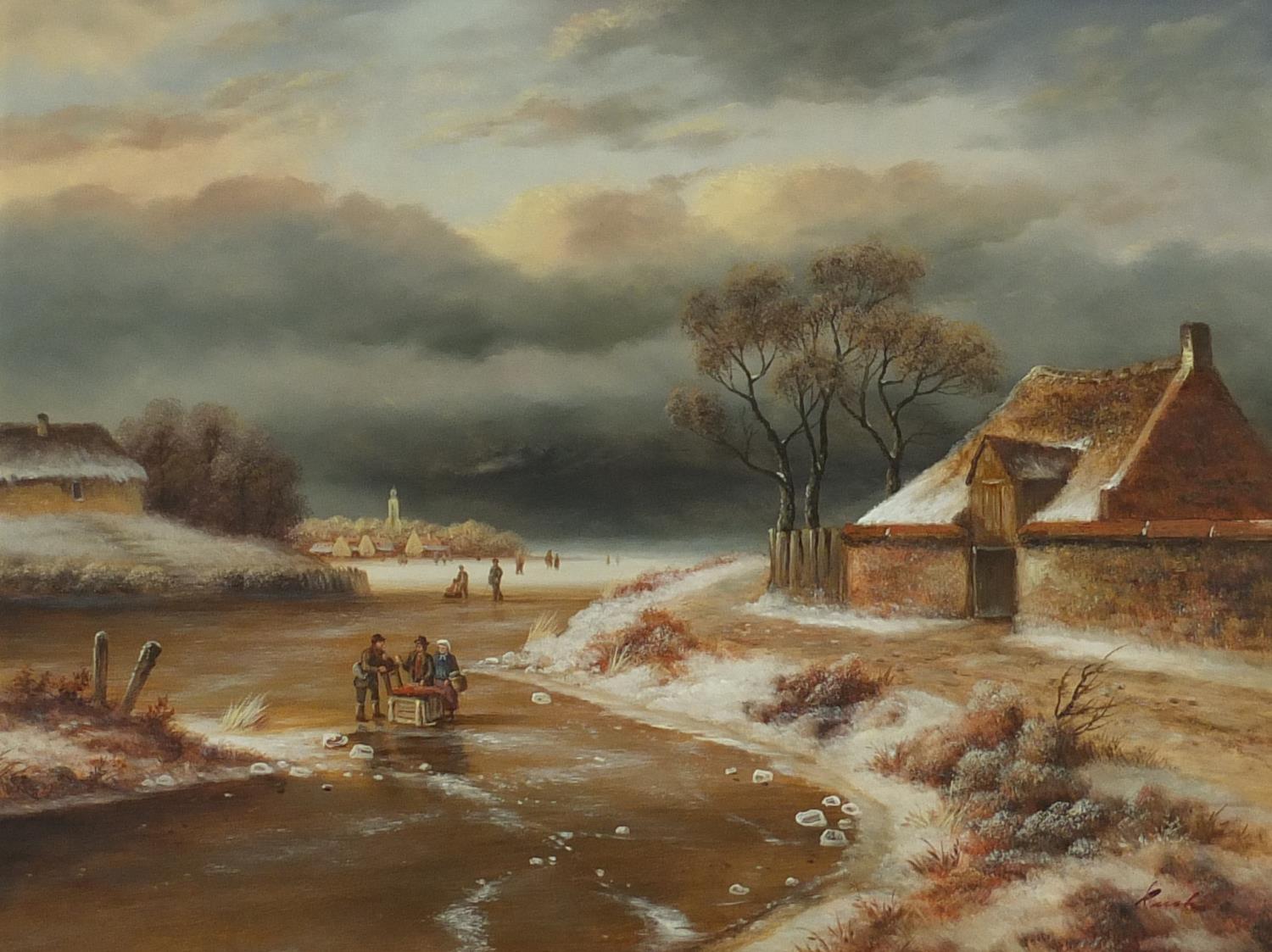 Dutch winter landscape, oil on board, bearing signature Roch, mounted and framed, 39cm x 29cm :