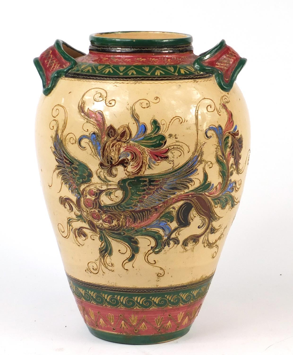 Large Italian pottery twin handled vase, incised and hand painted with dragons, 42cm high : For - Image 2 of 5