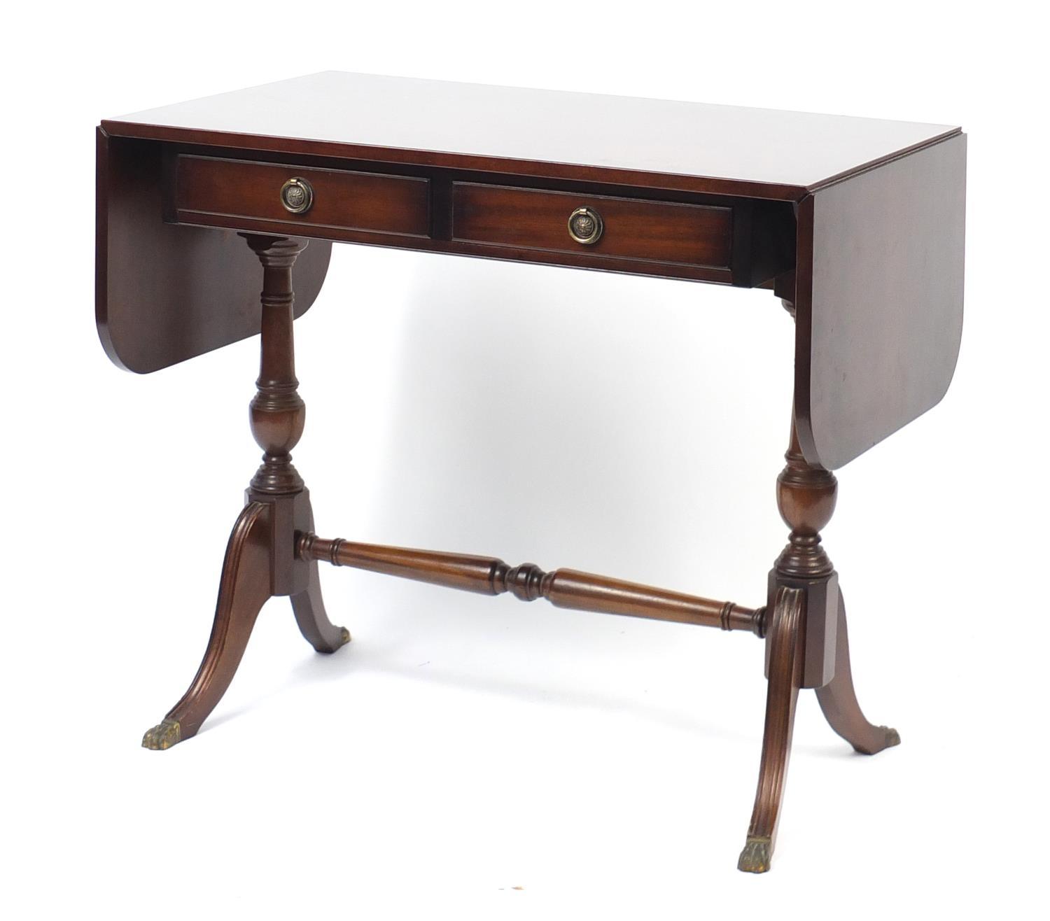 Regency style mahogany sofa table with two drawers, 74cm H x 84cm W x 51cm D : For Further Condition