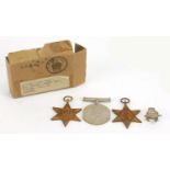 Three British Military World War I medals with postage box and a RAF VR cap badge : For Further