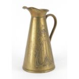 Art Nouveau brass flagon embossed with stylised flowers, impressed J S & S to the base, 29cm