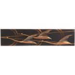 Arts & Crafts style copper wall plaque depicting three birds in flight, 148cm x 34cm : For Further