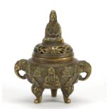 Chinese bronzed metal censer and cover with elephant head handles, 15cm high : For Further Condition