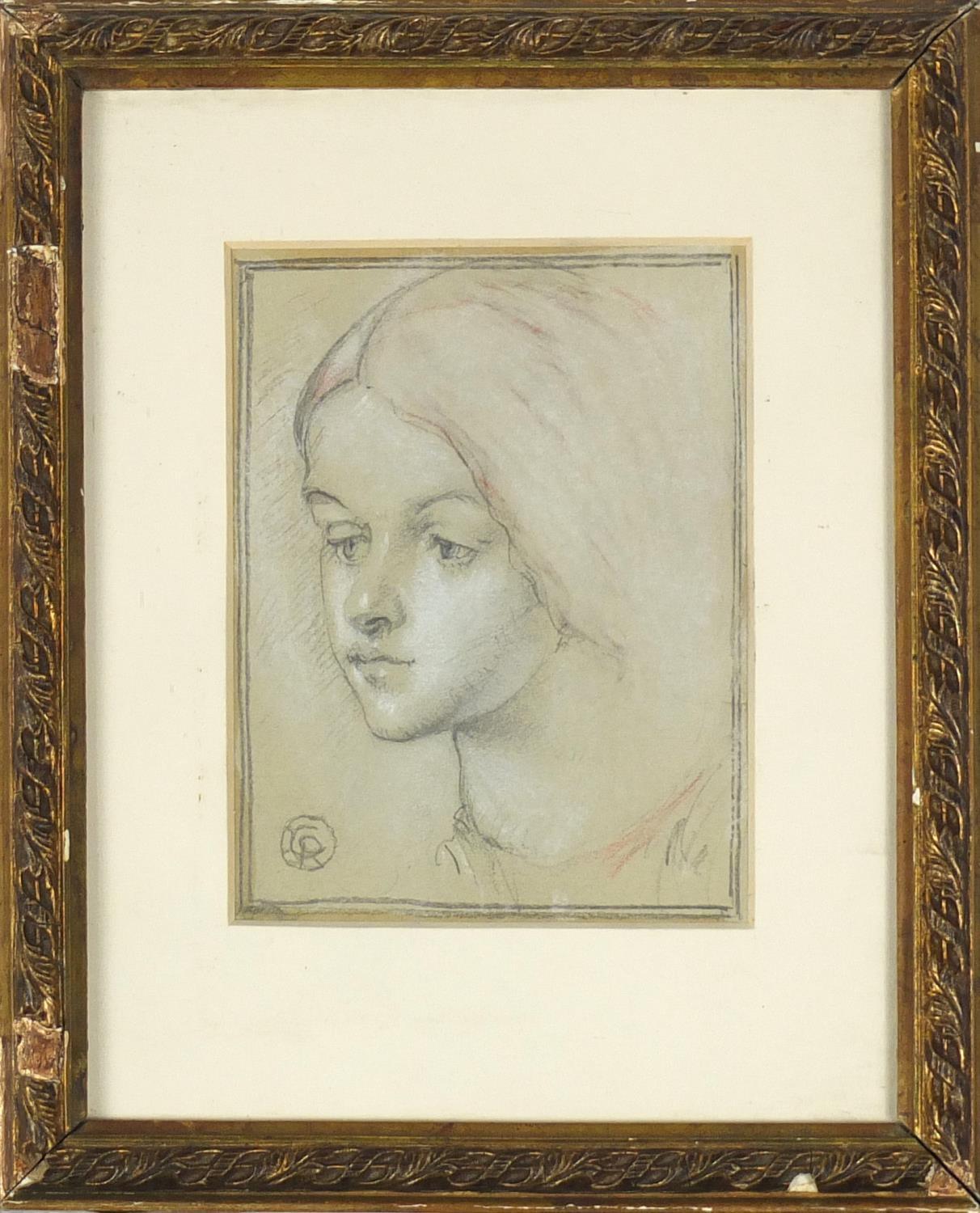 After D G Rossetti - Portrait of a female, pencil and chalk, inscribed verso, mounted and framed, - Image 2 of 5