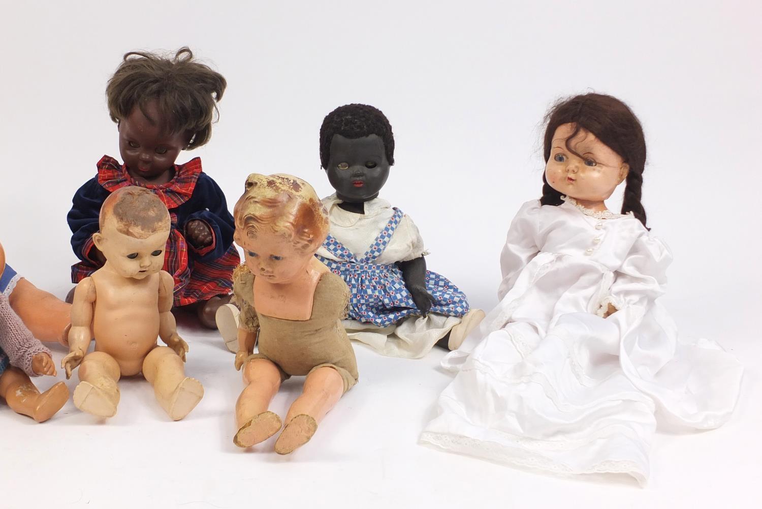 Eight vintage composite dolls, some with articulated limbs and open/close eyes, the largest 62cm - Image 3 of 3