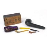 Vintage smoking items including a Meerschaum hand pipe, cheroots and an Army and Navy safety matches