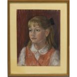 Young girl head and shoulders portrait, mixed media, bearing a signature P A Langmeed, mounted and