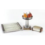 Art Deco style tray with sectional glass dishes, cigarette box and centre piece : For Further