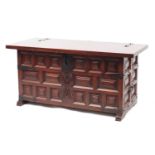 Stained wood coffer with hinged lid, 53cm H x 110cm W x 50cm D : For Further Condition Reports