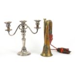 Silver plated three branch candelabra and a Sutherland & Argyll Military interest bugle, 30cm in