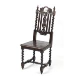 Carved oak barley twist hall chair, with brass plaque engraved 1908, 108cm high : For Further