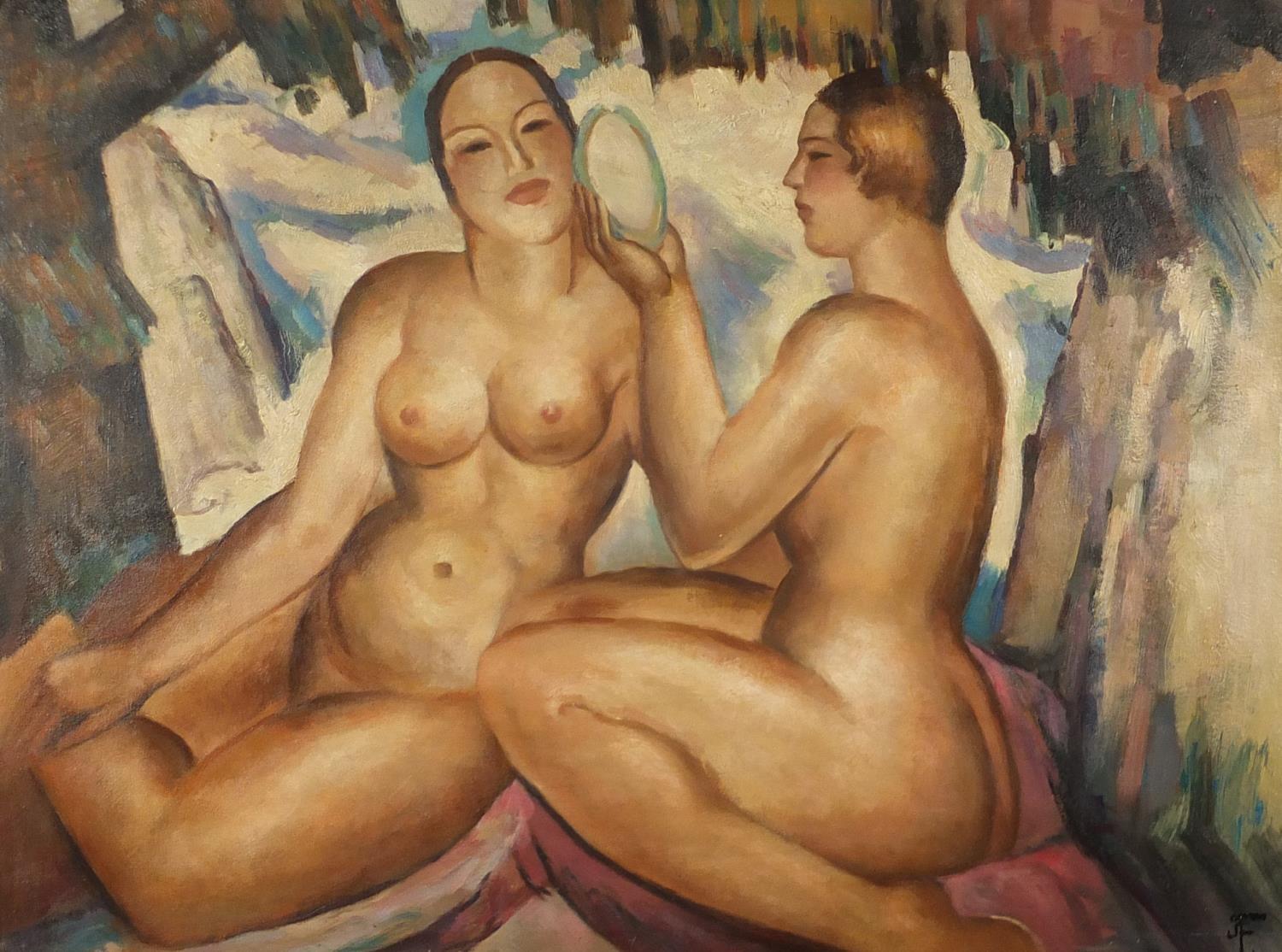 Manner of John Duncan Ferguson - Two nude figures, Scottish colourist school oil on board, framed,