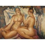 Manner of John Duncan Ferguson - Two nude figures, Scottish colourist school oil on board, framed,