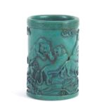 Chinese cylindrical brush pot, relief decorated with tigers amongst a landscape, 12.5cm high : For