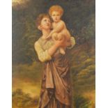 Mother with child, Pre-Raphaelite style oil on board, bearing a monogram SH, framed, 44cm x 34cm :