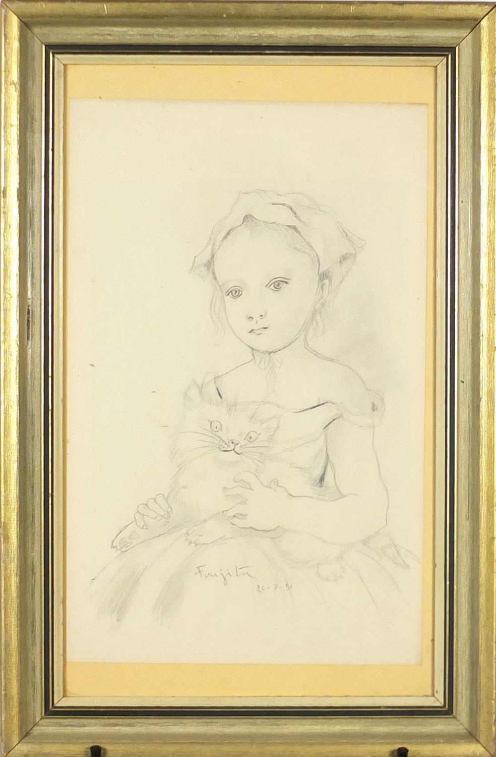 Manner of Leonard Tsuguharu Foujita - Portrait of a female holding a cat, pencil on paper, framed, - Image 2 of 4