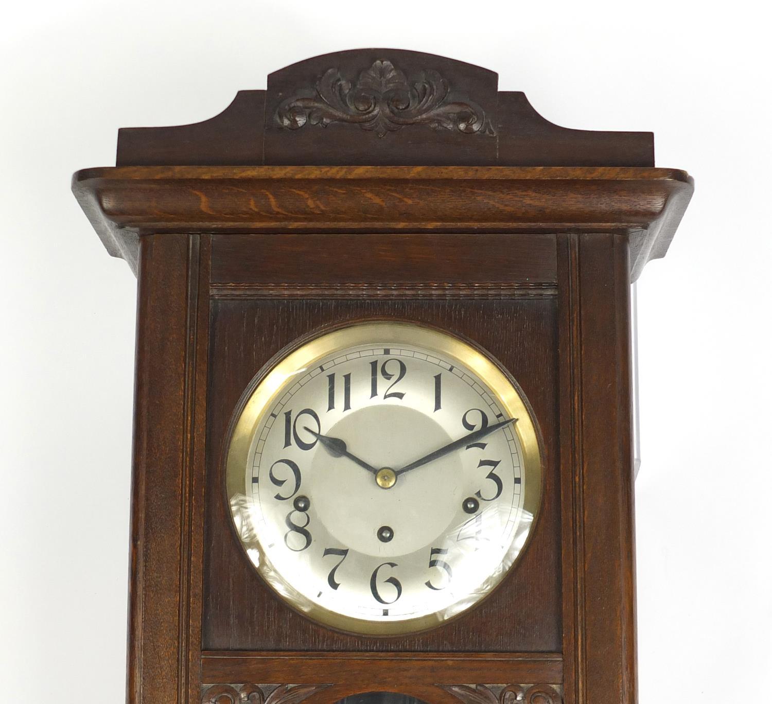 Oak cased wall hanging clock with Westminster chime, 70cm high : For Further Condition Reports - Image 2 of 3